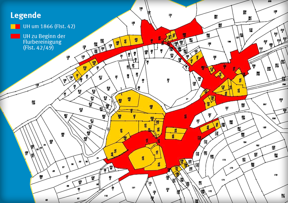 Ungetrennter Hofraum in Ebertshausen 1866 (gelb) und zu Beginn der Flurbereinigung (rot)