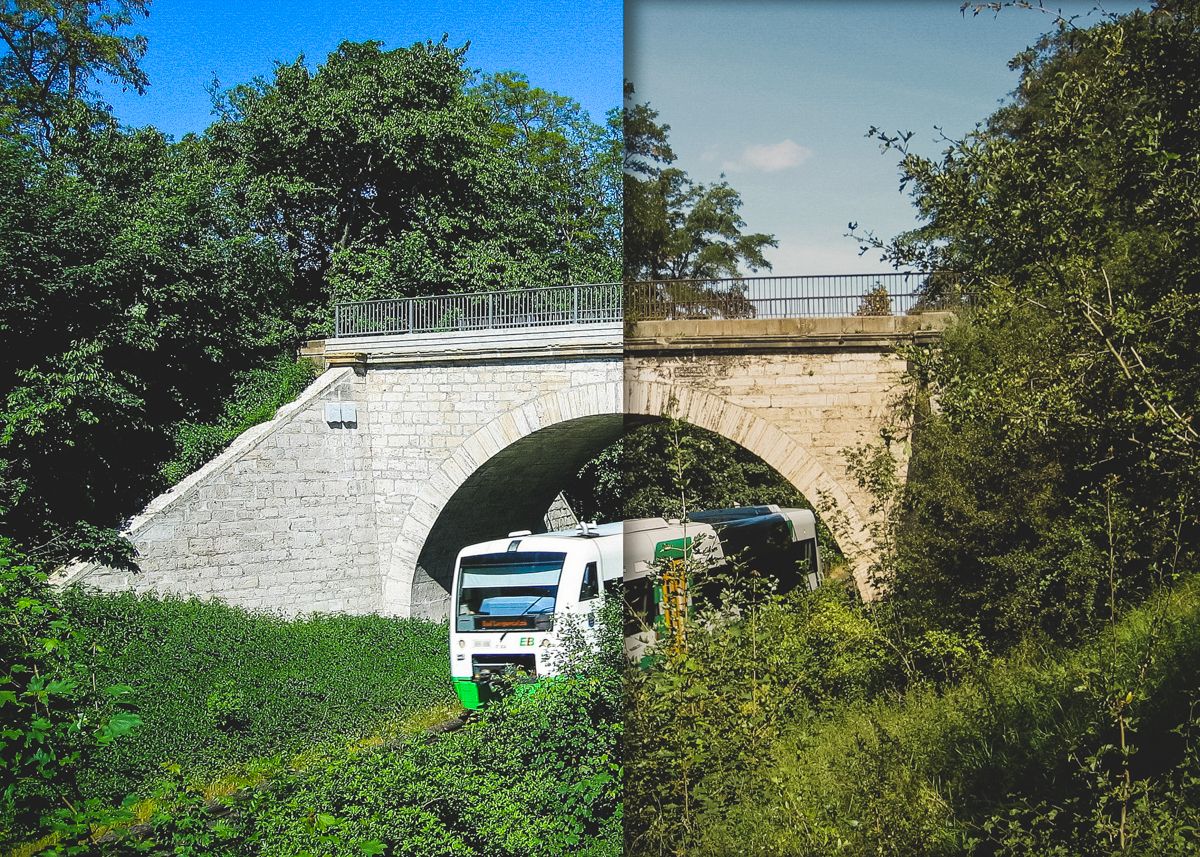 Fotomontage: Eisenbahnbrücke saniert und unsaniert