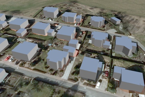Beispiel 3D-Gebäudemodelle in Level of Detail 1 (LoD1)