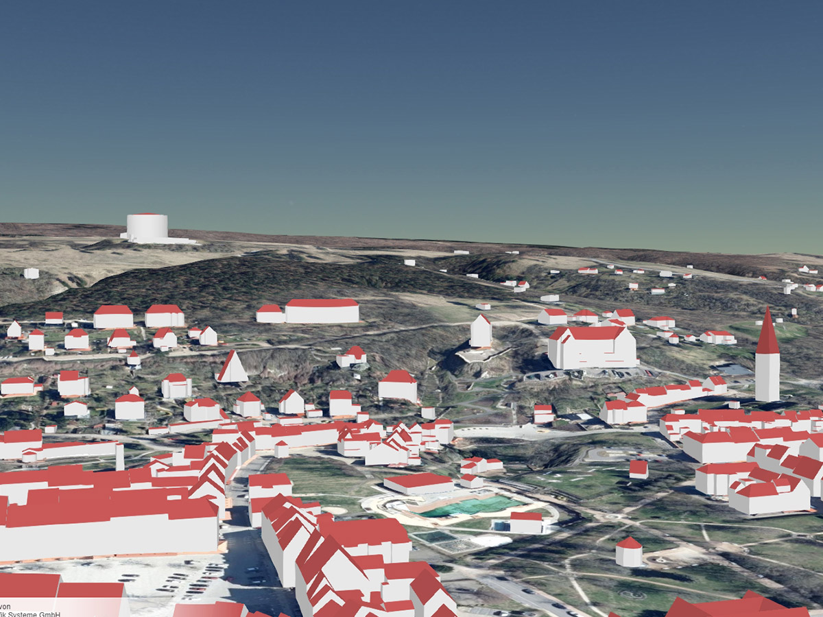 Blick über Bad Frankenhausen mit Panorama-Museum als LoD2-Gebäudemodell (kombiniert mit Geländemodell und Orthophotos)