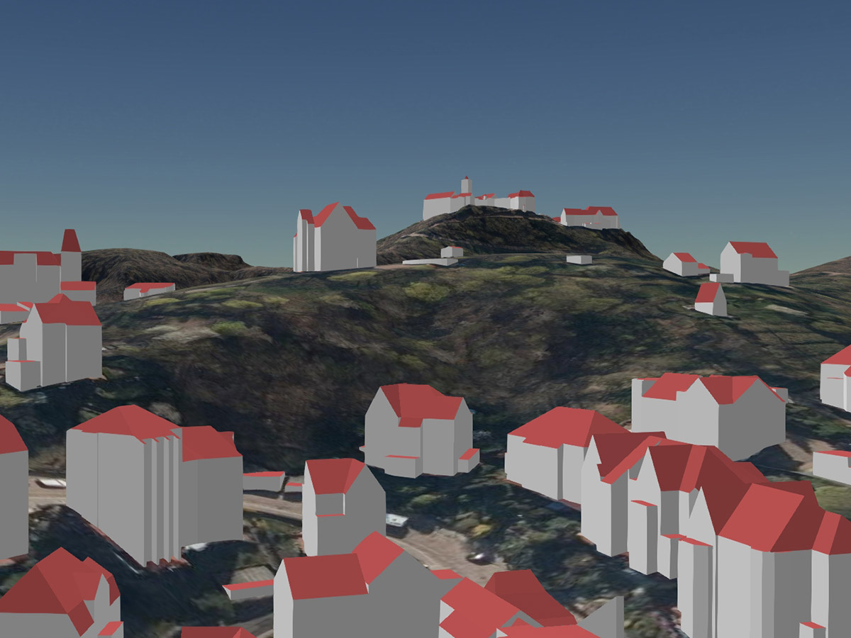 Blick von Eisenach auf die Wartburg als LoD2-Gebäudemodell (kombiniert mit Geländemodell und Orthophotos)