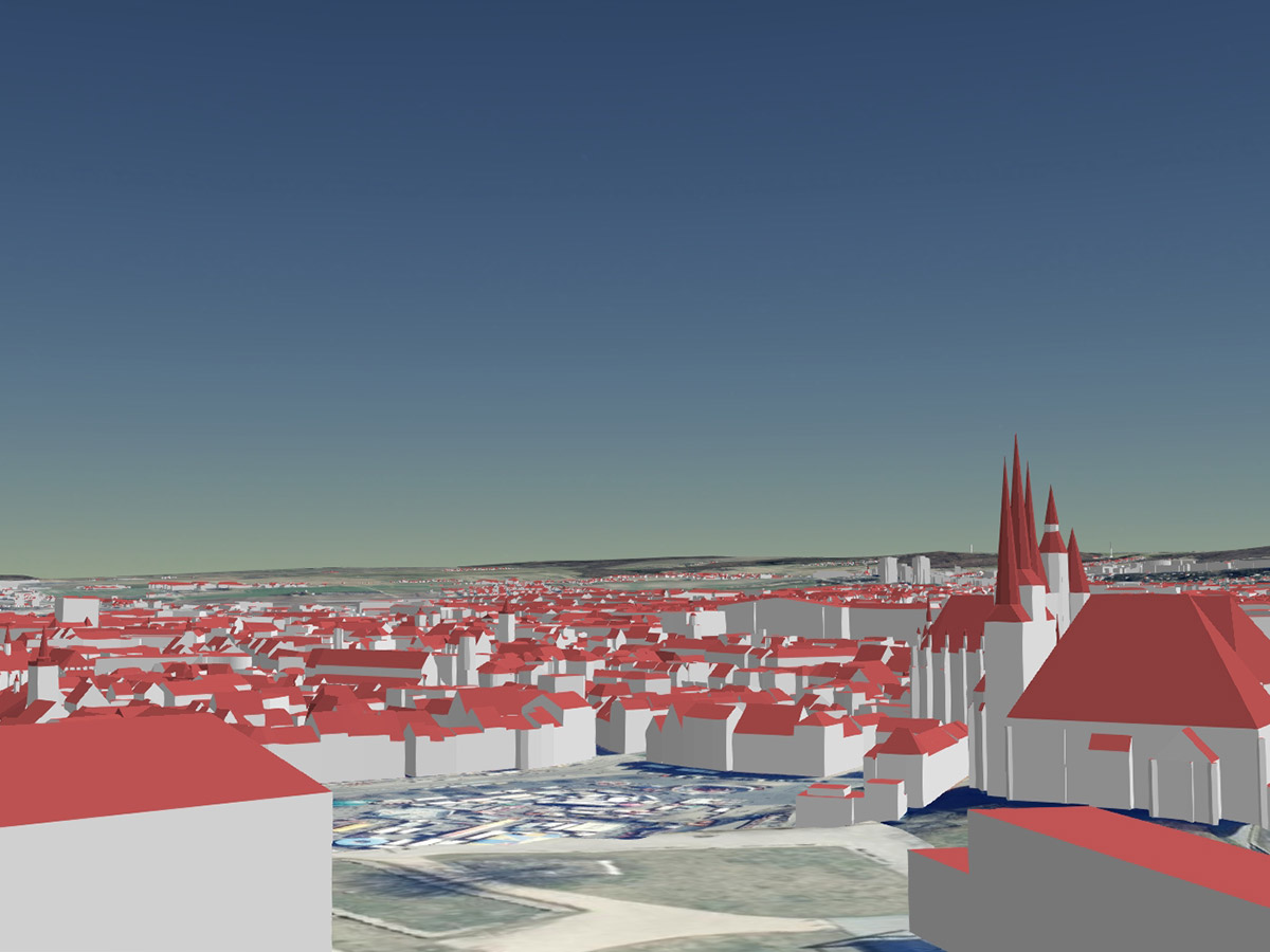 Blick über die Erfurter Altstadt vom Petersberg Richtung Osten als LoD2-Gebäudemodell (kombiniert mit Geländemodell und Orthophotos)