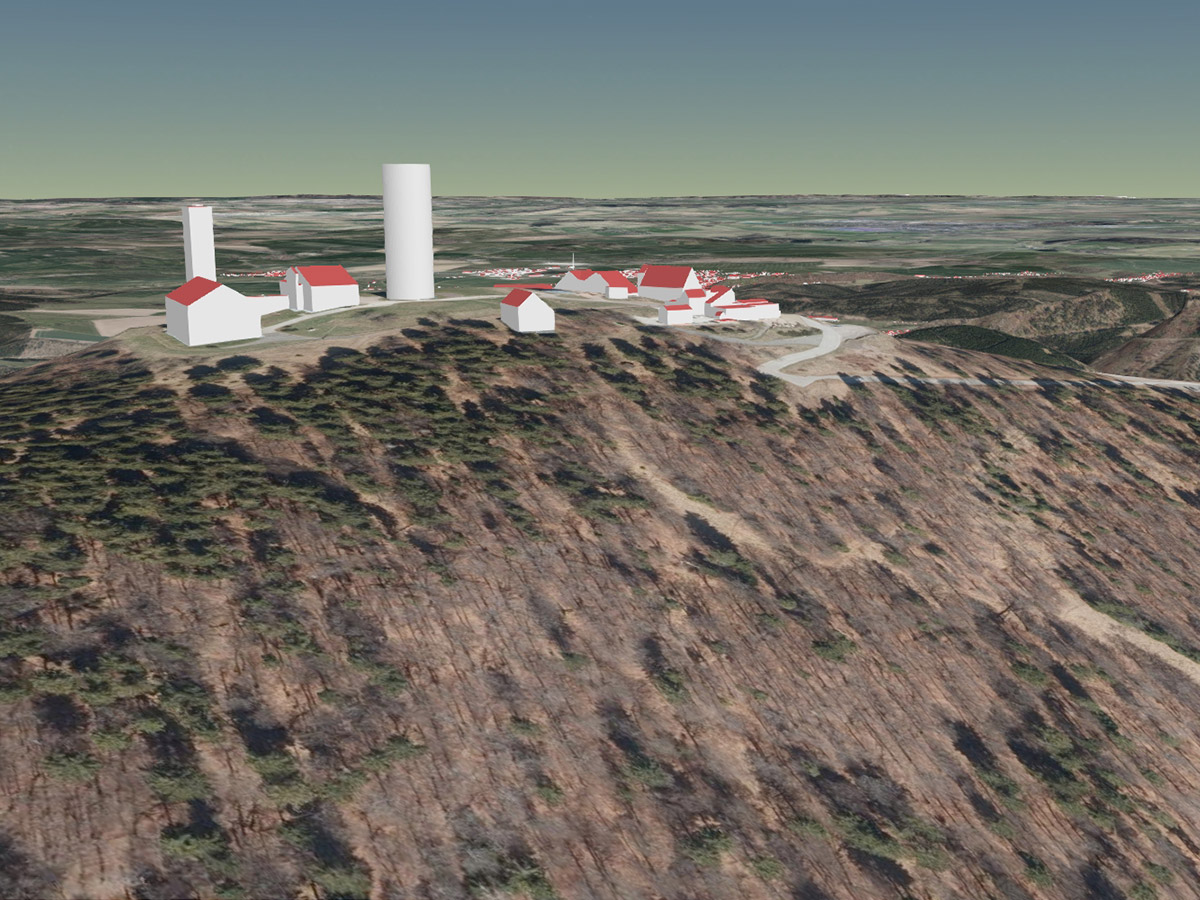 Gebäude auf dem Großen Inselsberg als LoD2-Gebäudemodell (kombiniert mit Geländemodell und Orthophotos)