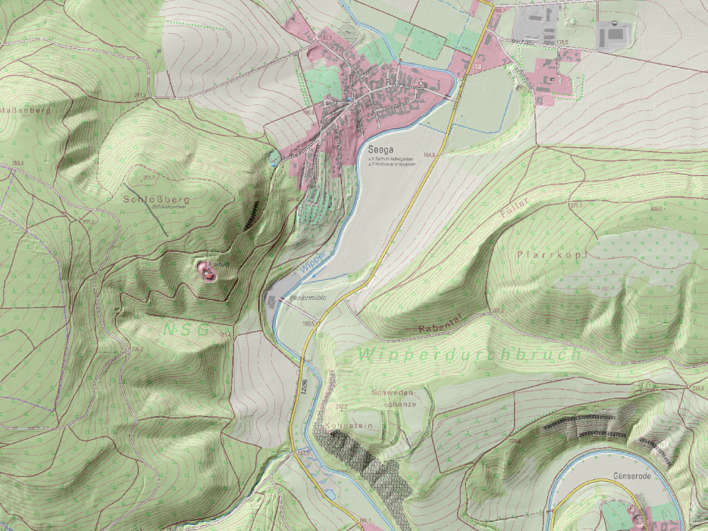 Digitales Geländemodell bei Seega mit hinterlegter digitaler topographischer Karte 1:10 000