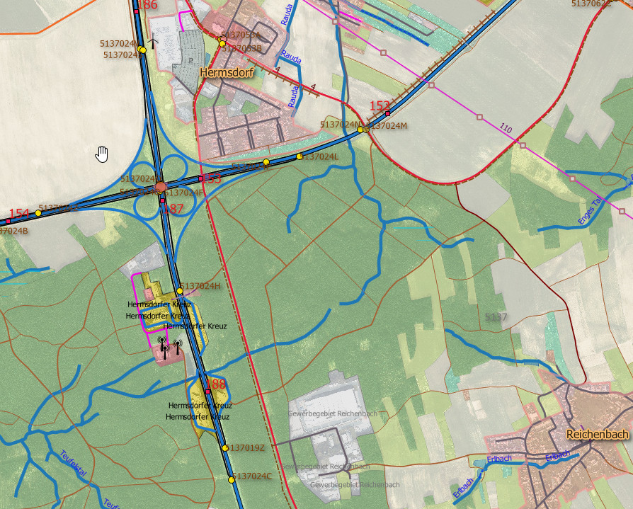 Ansicht aus dem Basis-DLM mit hinterlegtem Orthophoto – Hermsdorfer Kreuz