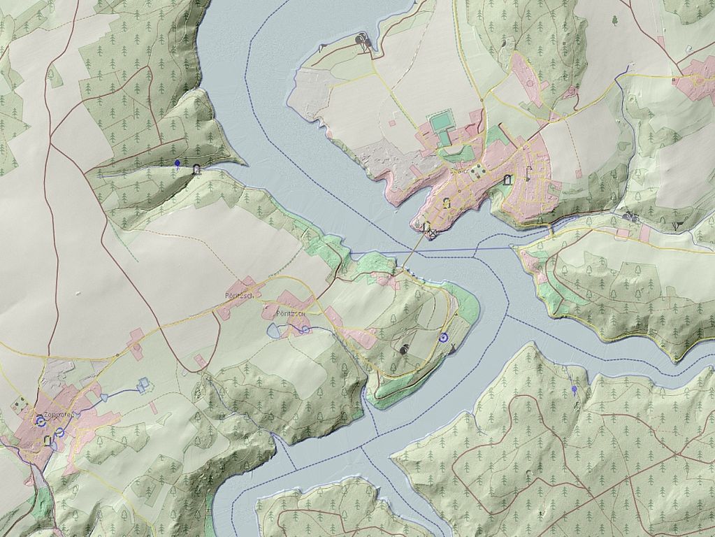Digitales Geländemodell, Ausschnitt Bleilochtalsperre bei Saalburg