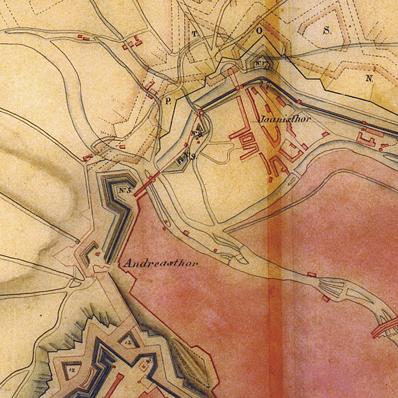 Kartenausschnitt mit den Festungsanlagen von Erfurt, 1813 (und von Napoleon geplante Erweiterungen)
