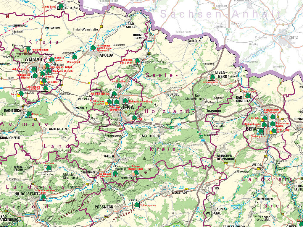 Kartenausschnitt aus der Übersichtskarte 1:250 000 Parks und Gärten in Thüringen
