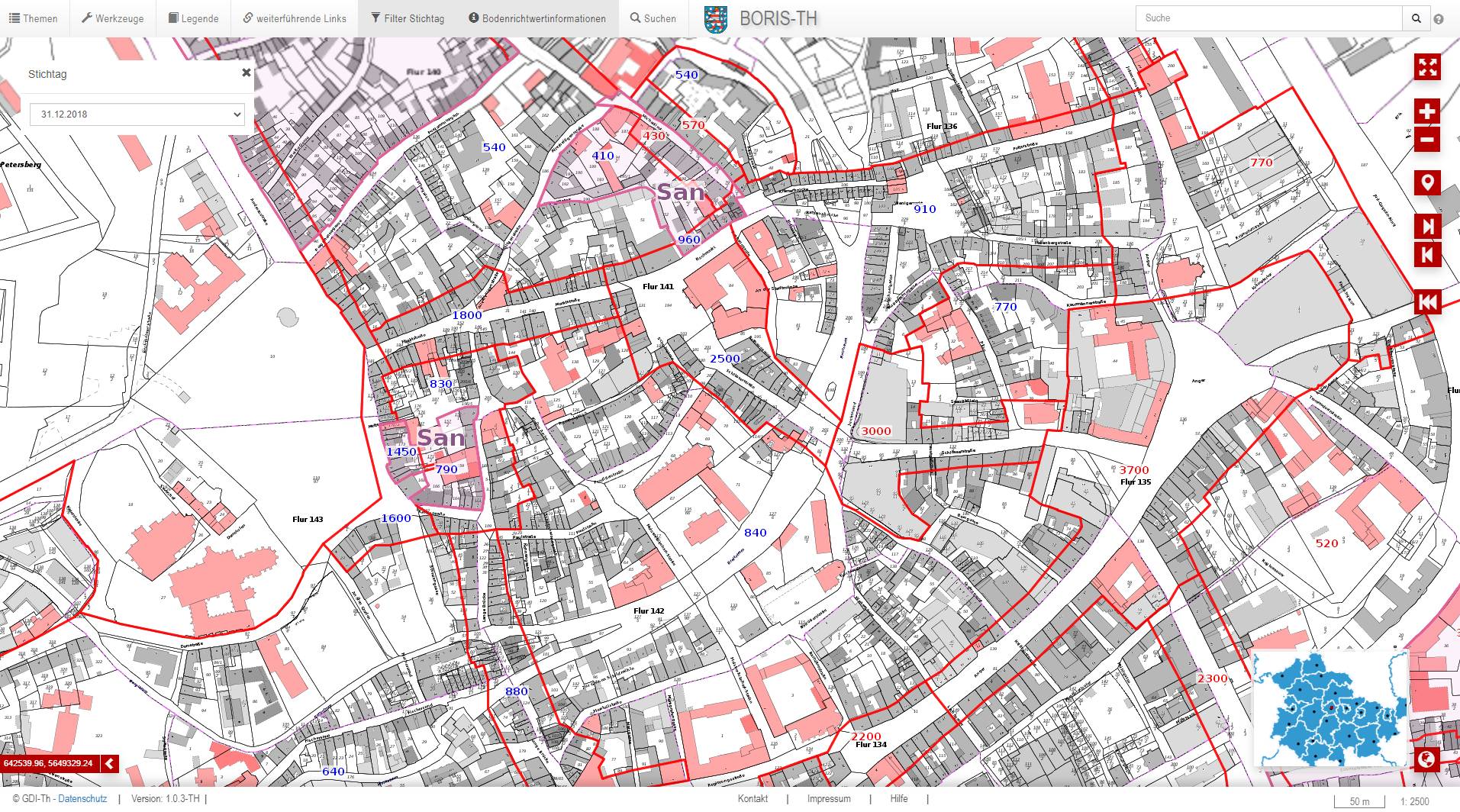 Ansicht des neuen Bodenrichtwert-Informationssystems BORIS für Thüringen im Stadtraum Erfurt