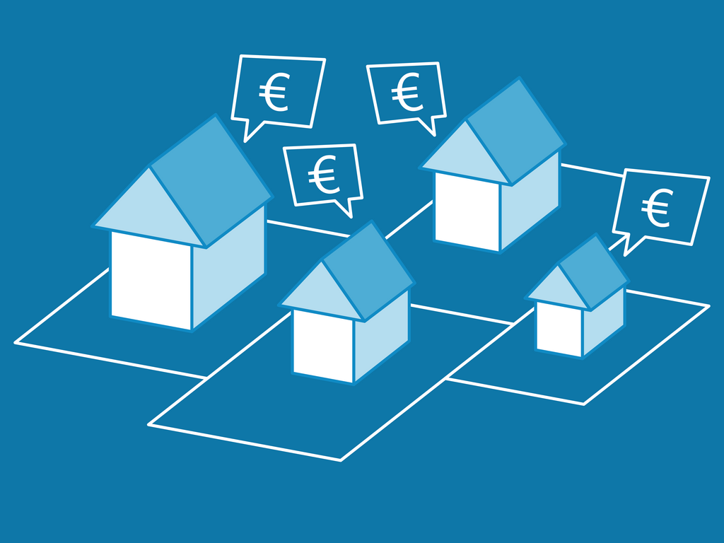 Stilisierte Grafik mit vier Häusern und zugehörigen Grundstücken inkl. Euro-Symbolen zur Darstellung der Wertermittlung