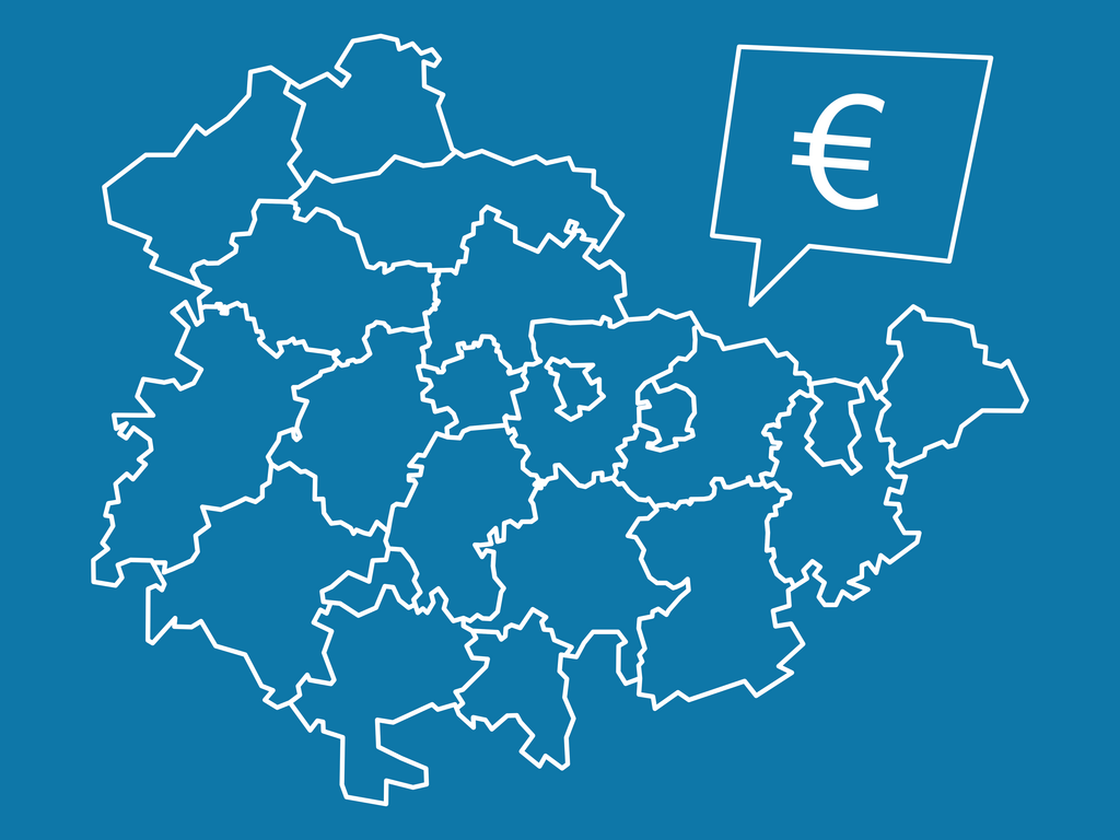 Stilisierter Umriss von Thüringen mit seinen Landkreisen und Euro-Symbol