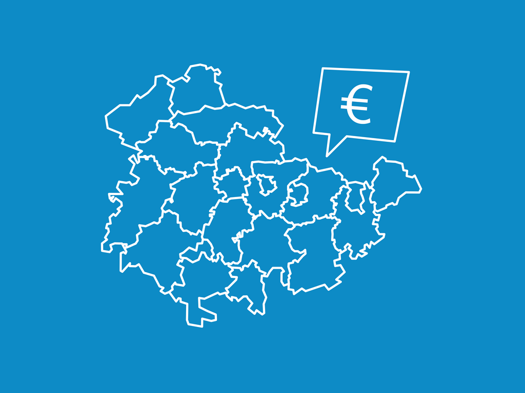 Stilisierter Umriss von Thüringen mit seinen Landkreisen und Euro-Symbol