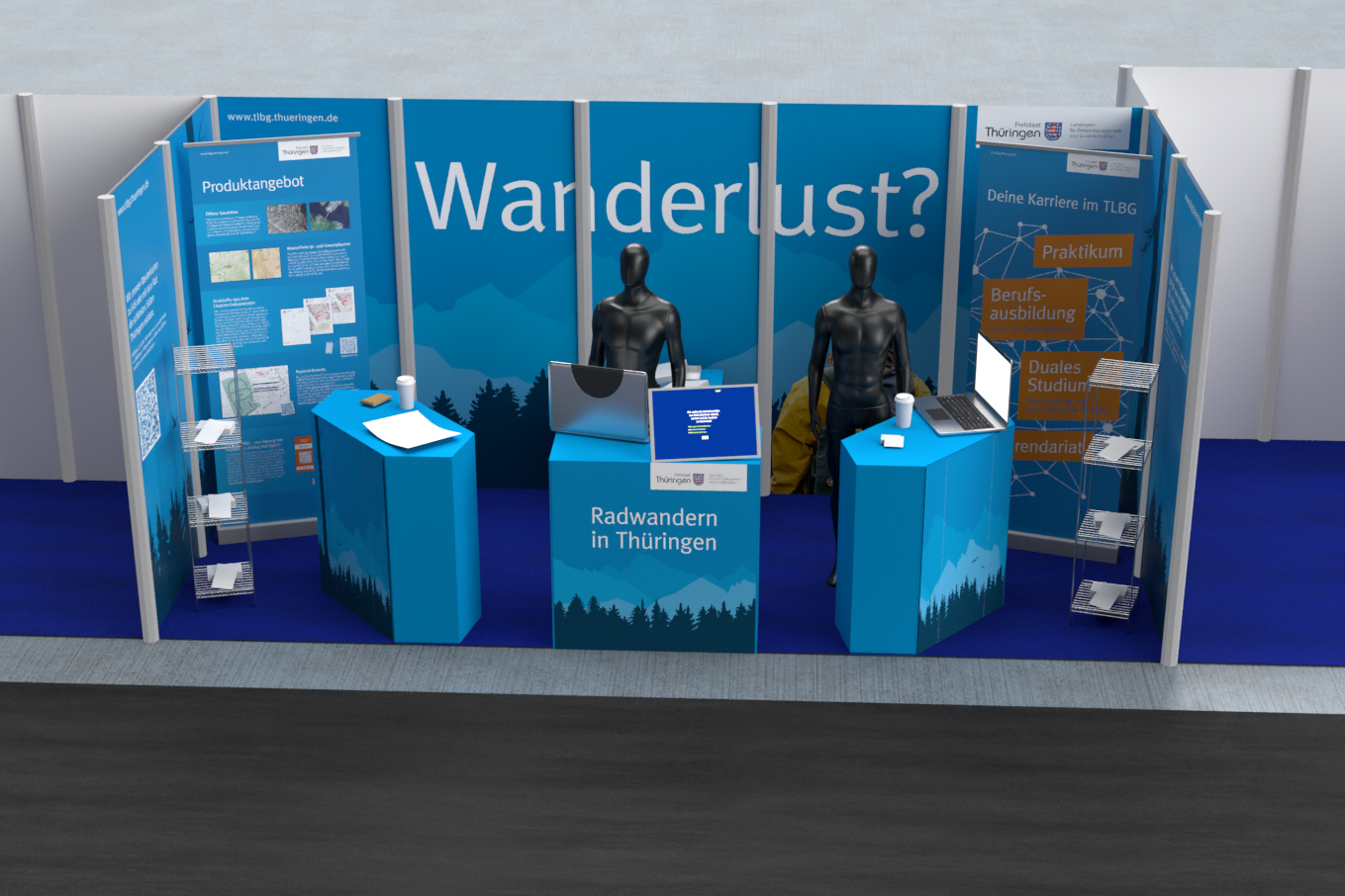 3D-Visualisierung des TLBG-Messestandes für die Reisen & Caravanmesse 2023 in Erfurt