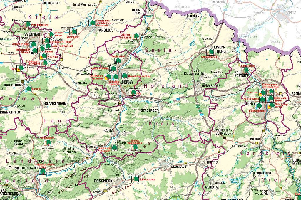 Kartenausschnitt aus der Übersichtskarte 1:250 000 Parks und Gärten in Thüringen Kartenausschnitt aus der Übersichtskarte 1:250 000 Parks und Gärten in Thüringen