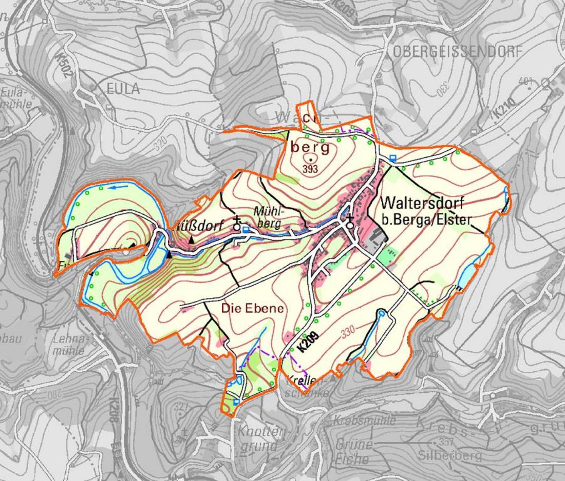 Kartenausschnitt mit dem geplanten Flurbereinigungsverfahren Waltersdorf