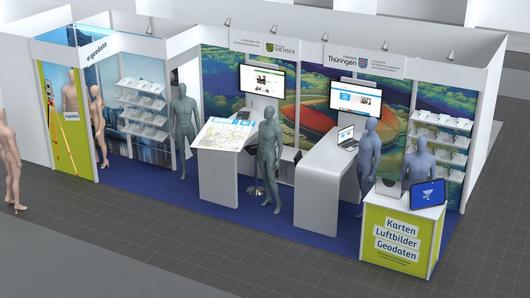 Stand-Visualisierung aus einem 3D-Programm, von oben rechts auf den Eckstand herabblickend. Zu sehen ist ein Counter mit Quizecke, zwei Stehtischbrücken für Informationsgespräche und Interviews, sowie eine Versorgungsecke und eine Fotowand.