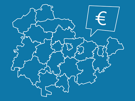 Stilisierter Umriss von Thüringen mit seinen Landkreisen und Euro-Symbol