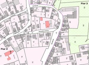 Die Gebäude, die gestrichelt dargestellt sind, wurden aus digitalen Orthophotos (entzerrten Luftbildern) erfasst.