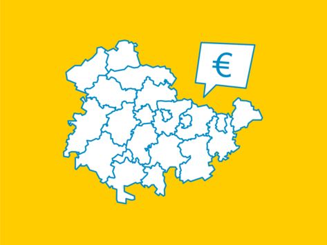 Stilisierter Umriss von Thüringen mit seinen Landkreisen und Euro-Symbol