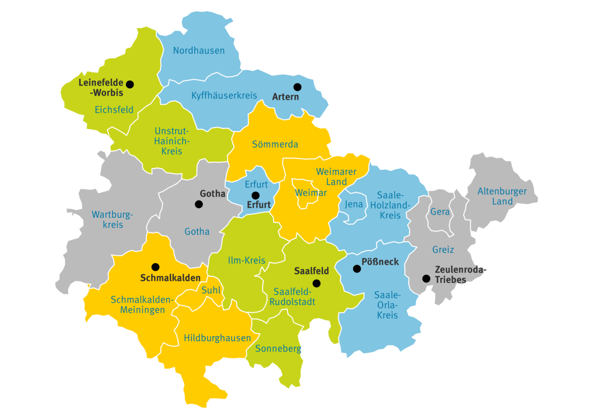 Thüringer Karte der Zuständigkeitsbereiche der Gutachterausschüsse Thüringer Karte auf der die Zuständigkeitsbereiche der Gutachterausschüsse farblich unterschieden werden