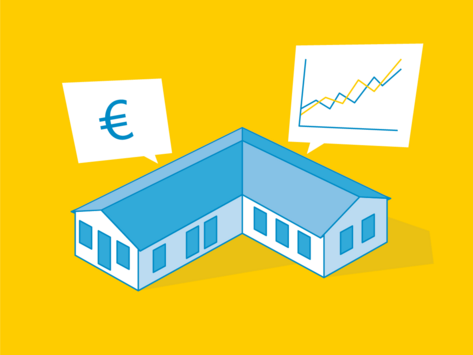 schematisch dargestelltes Haus mit Euro-Symbol und Diagramm darüber