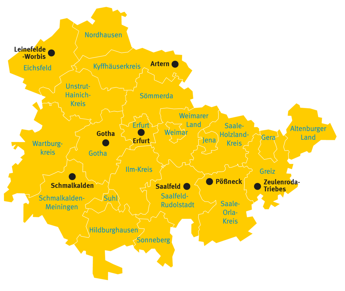 Karte der acht Zweigstellen des TLBG und ihre Zuständigkeitsbereiche